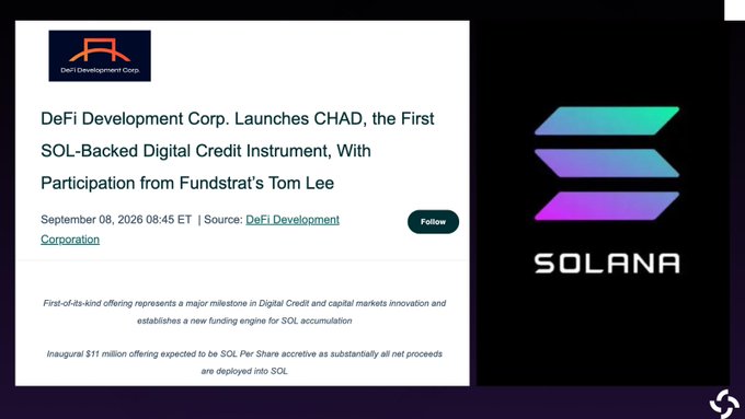 A news announcement from DeFi Development Corp. dated September 8, 2026, headlining the launch of CHAD, the first SOL-backed digital credit instrument, featuring Fundstrat's Tom Lee as a participant, displayed alongside the Solana logo. The graphic supports the post's claim about BitMine's chairman pivoting from Ethereum to participate in the $11M CHAD offering, with proceeds deployed into SOL.