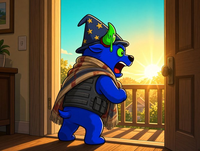 An animated illustration of a surprised blue dog character wearing a blue wizard hat with stars, a striped scarf, and a tactical vest, stepping onto a balcony at sunset.