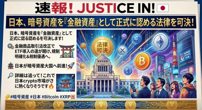 A Japanese news graphic declares "速報！JUSTICE IN!" with a sub-headline announcing that Japan has officially passed a law recognizing cryptocurrency as "financial assets" (日本、暗号資産を『金融資産』として正式に認める法律を可決), accompanied by an illustration of the National Diet Building flanked by Bitcoin and XRP logos, reinforcing the post's message about Japan moving closer to becoming a crypto powerhouse with ETFs and regulatory clarity.