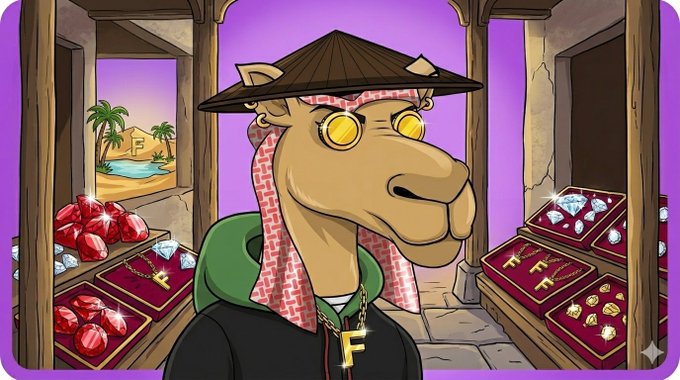 A cartoon camel wearing a conical hat, sunglasses, and a 'F' gold chain stands in a gem and jewelry shop.