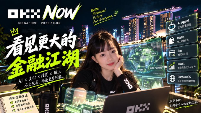 A promotional poster for OKX Now Singapore 2026.10.06 featuring an Asian woman at a laptop, with the tagline '看见更大的金融江湖' and 'Better Financial Future For Everyone.'