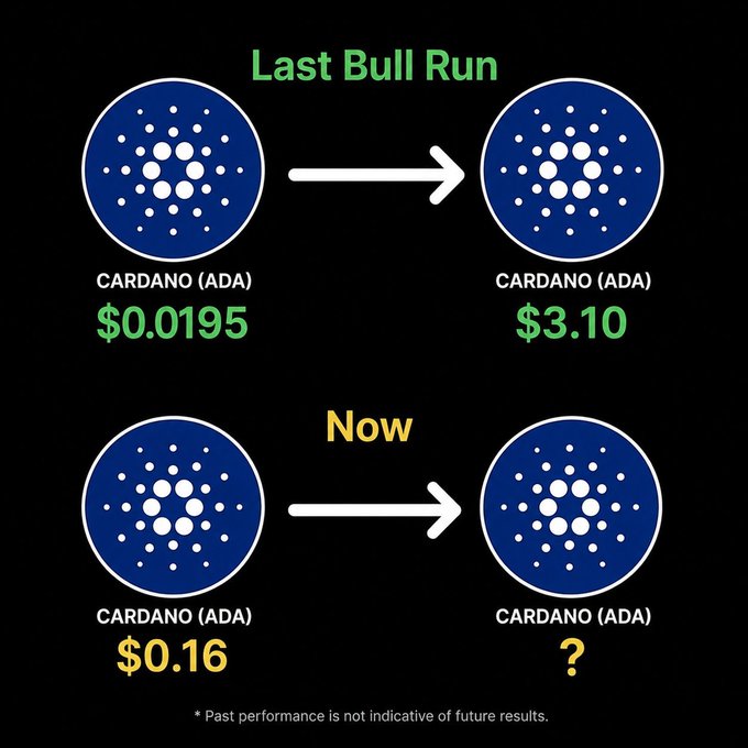 A graphic comparing Cardano's (ADA) last bull run price growth from $0.0195 to $3.10 with the current cycle starting at $0.16, asking what the peak price will be "Now" with a question mark replacing the potential high, accompanied by a disclaimer that past performance is not indicative of future results.