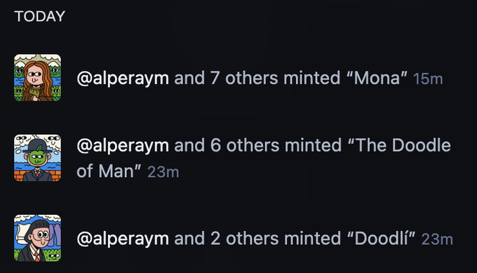 A dark-themed social media feed shows 'TODAY' activity where '@alperaym and others' minted digital collectibles titled 'Mona', 'The Doodle of Man', and 'Doodli'.