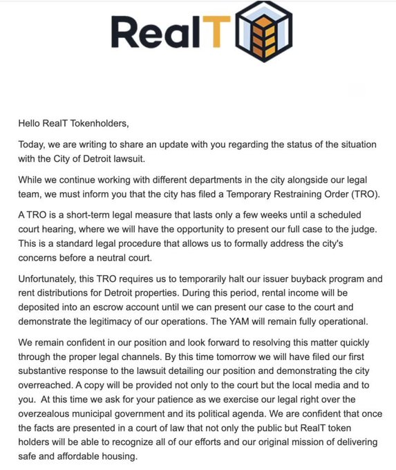 The image shows an official letter from RealT addressed to RealT Tokenholders, providing an update on the City of Detroit lawsuit, announcing a Temporary Restraining Order (TRO) requiring them to halt their issuer buyback program and rent distributions for Detroit properties. 

The accompanying post mocks RealT's situation, suggesting the company is in "judicial liquidation" and taunting tokenholders that they "couldn't pretend not to know" about the issues—directly referencing the letter's disclosure of the TRO and halted buyback program as evidence of RealT's regulatory troubles.