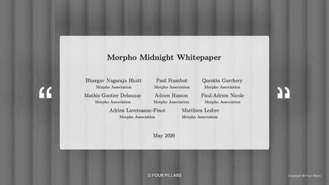 The image features a poster for the Morpho Midnight Whitepaper, which was released on April 14th, 2016. The poster includes the names of several individuals who contributed to the development of the DeFi protocol. The poster also displays the date "May 28" and the title "Morpho Midnight: DeFi's Boring but Inevitable Future".