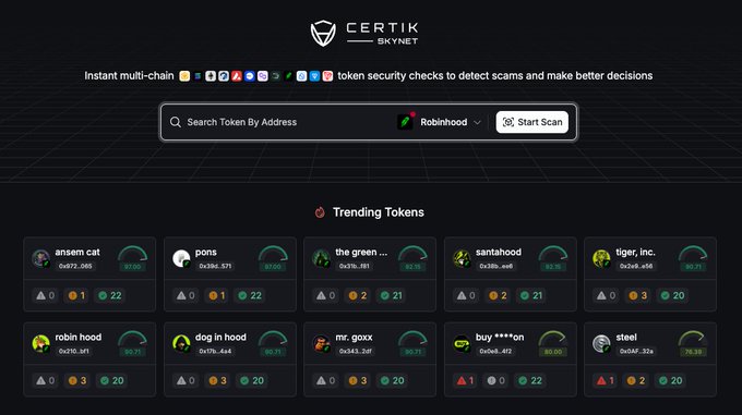 The image shows Certik's Skynet token scanner interface with "Robinhood" selected as the chain option, displaying trending tokens like "ansem cat," "pons," "the green," "santahood," "tiger, inc.," "robin hood," "dog in hood," "mr. goxx," "buy***on," and "steel" with their respective scores (ranging from 67.86 to 97.95) and risk indicators. This visualization directly relates to the announcement that Certik Token Scan now supports Robinhood Chain, allowing users to scan tokens on Robinhood Crypto's network and review key risk signals.