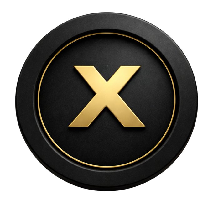 A 3D-rendered gold "X" letter on a black circular coin or button with a gold ring border.
