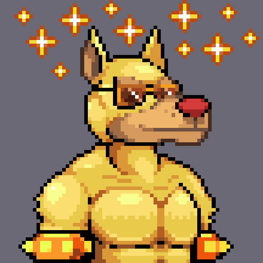 A pixel art illustration depicts a muscular yellow dog wearing sunglasses, surrounded by sparkling star effects on a gray background.