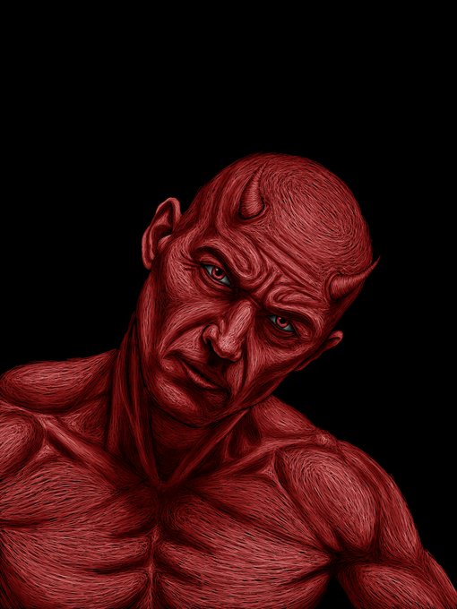 "GM + New Drop Silent Wrath" indicates that this picture has been created using an artist's work. The focus of the image appears to be a portrait of a man, likely from a pop art style. This man is characterized by his red skin tone and is depicted with a face filled with anger or a smirk. He has a prominent nose and is looking down at something off-camera, possibly to the left side of the picture. The background color of the image is black, which contrasts with the red skin tone of the man. This monochromatic color scheme adds to the overall intensity and emotion of the portrait.