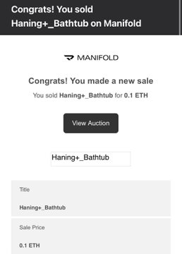The image depicts a phone screen displaying an eBay auction result, where the highest bidder has won the item being sold - a bathtub for 0 ether. A congratulatory message from the seller is also shown, expressing their gratitude towards the buyer for their support throughout the auction process. The text on the screen reads "THE AUCTION WAS SETTLED Thank you so much, @FlyingBeagle_ for collecting another piece of my work. I truly don't know how to thank you for the support you've shown me over and over again". This message emphasizes the buyer's role in acquiring a bathtub, as well as expressing gratitude towards them for the purchase.