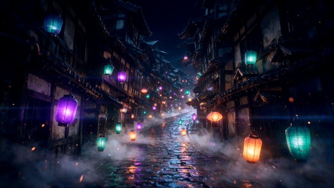 An atmospheric digital artwork of a misty, lantern-lit street in an Asian-style village at night, with colorful glowing lanterns in purple, teal, and orange.