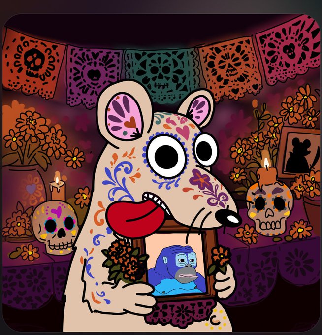 A colorful Day of the Dead-style illustration of a decorated mouse holding a framed picture of a gorilla, surrounded by sugar skulls, candles, marigolds, and papel picado banners.