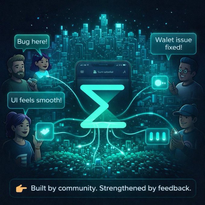 The image features a group of people interacting with a cell phone that has an app called "SUMEX" displayed on its screen. The app appears to be related to finance or stock trading, as indicated by the text around it. The main focus is on the interaction between the users and the app, showcasing how they are using the app's features for financial purposes.