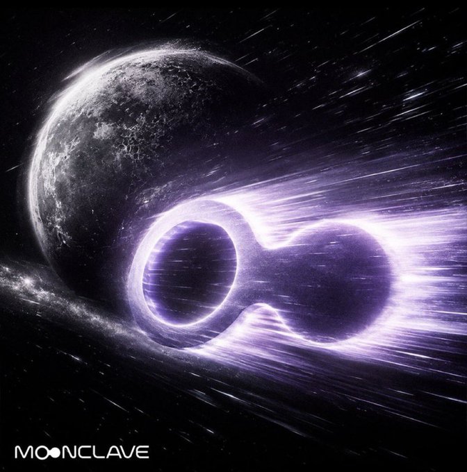A glowing purple infinity symbol streaks through space near a cratered moon, with "MOONCLAVE" displayed in the bottom left corner, visually echoing the post's theme of discovering "themoonclave" project early before it becomes mainstream. The cosmic imagery of an infinite symbol amid stars reinforces the message about recognizing long-term potential before a project floods the timeline.