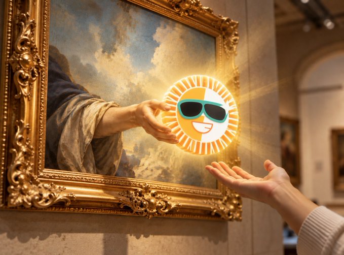 The Sun emoji wearing sunglasses appears to glow brightly from within an ornate classical painting, where a robed figure's outstretched hand seems to offer it toward a visitor's palm—giving a playful twist to the "#GM Your timeline has been blessed" message by literally blessing a person's hand with radiant, cool sun energy.