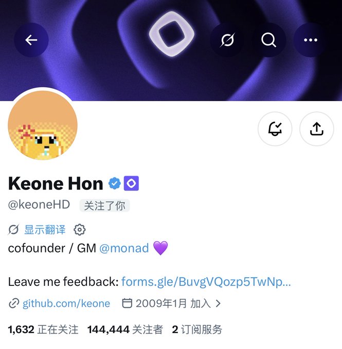 A Twitter/X profile page for Keone Hon (@keoneHD), co-founder/GM of @monad, showing 144,444 followers and a pixel-art character profile picture.