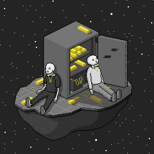 A pixel art illustration of two skeleton figures wearing gold chains sitting beside an open safe filled with gold bars, floating in a starry dark void.