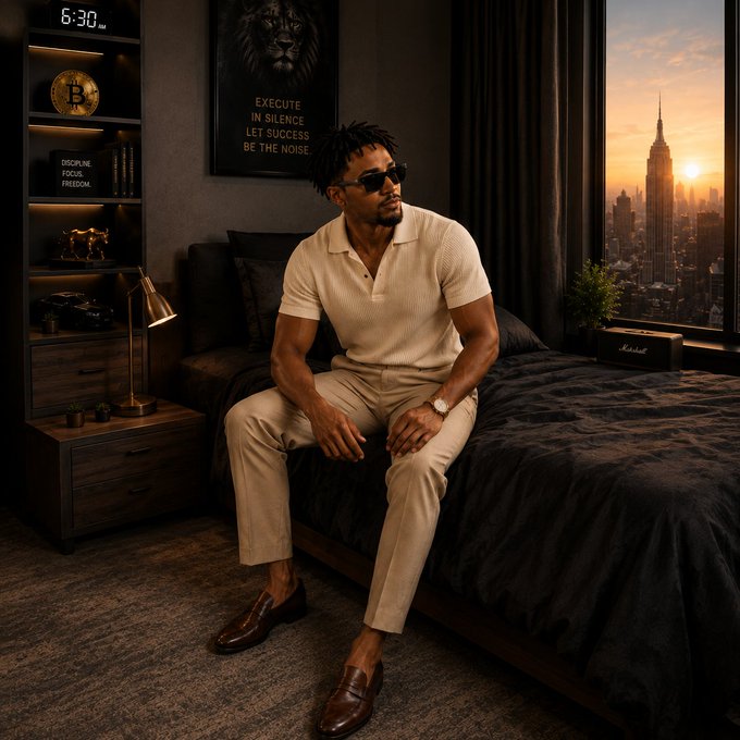 A stylish young man wearing sunglasses, a cream-colored polo shirt, beige pants, and brown loafers sits on the edge of a dark bed in a modern bedroom, with a motivational lion poster ('EXECUTE IN SILENCE LET SUCCESS BE THE NOISE'), a Bitcoin sign, and a city skyline view at sunset through the window.
