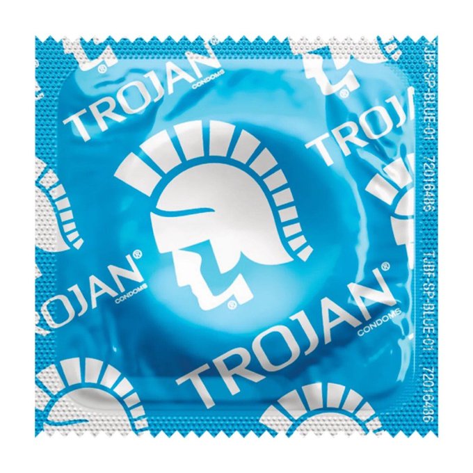 A blue square foil wrapper for a Trojan brand condom featuring a white Trojan helmet logo and the text 'TROJAN CONDOMS' along with 'JBG-SP-BLUE-01'.