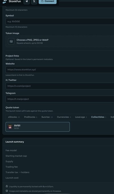 A token creation form on Stonk.fun displaying the symbol "NVDGE" with quote token $VISI (Siri), showing optional links to a website, X/Twitter, and Telegram, while the launch summary details remain pending. The form relates to the accompanying post about Pokemon card meme tokens being launched on-chain, highlighting the platform's low-liquidity niche where only 151 token slots are available.