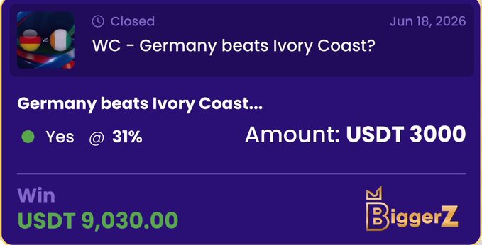 The image features a purple background with white text. The main focus is on a post about a football game, which includes a German beats Ivory Coast question. The post also mentions that there's an amount of USDT 3000 involved, and it seems like someone has won this amount. The post also contains a prediction for the outcome of the game, stating that it will be a "win" with a reward of 9,030 USDT.