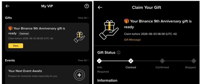 The image displays two separate parts of a Binance app, one showing an event page about the Binance anniversary gift, while the other part shows the gift status message for that particular anniversary. Both parts feature black text against a white background. The central part of the photo shows the gift status message with a hand holding a present and a clock in the background. This description also highlights that the user has received their anniversary gift, stating "Your Binance 9th Anniversary Gift".