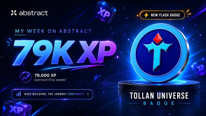 An Abstract weekly recap graphic showing 79K XP earned, highlighting a 'NEW FLASH BADGE' for the Tollan Universe NFT collection with a glowing blue badge display.