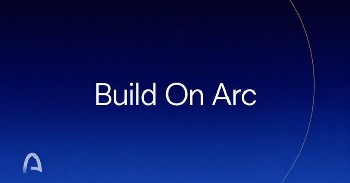 A blue gradient promotional graphic displaying the text 'Build On Arc' with a partial arc design and small 'A' logo in the corner.