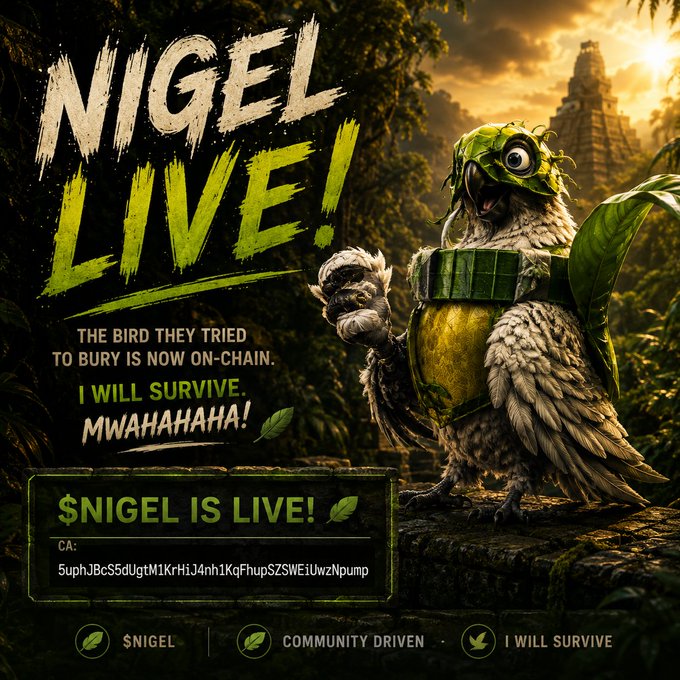 A promotional meme-style graphic reading 'NIGEL LIVE! THE BIRD THEY TRIED TO BURY IS NOW ON-CHAIN. I WILL SURVIVE. MWAHAHAHA!' featuring a parrot dressed as a ninja with a green leaf mask, alongside a contract address '5uphJBcS5dUgtM1KrHiJ4nh1KqFhupeSZSWEiUwzNpump' and '$NIGEL IS LIVE!'.