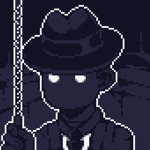 A pixel-art portrait of a mysterious figure in a wide-brimmed hat with glowing white eyes, rendered in dark blue and black tones with the outline illuminated. The shadowy cowboy-esque avatar complements the "New PFP" announcement, teasing an NFT launch while keeping the figure's identity hidden.