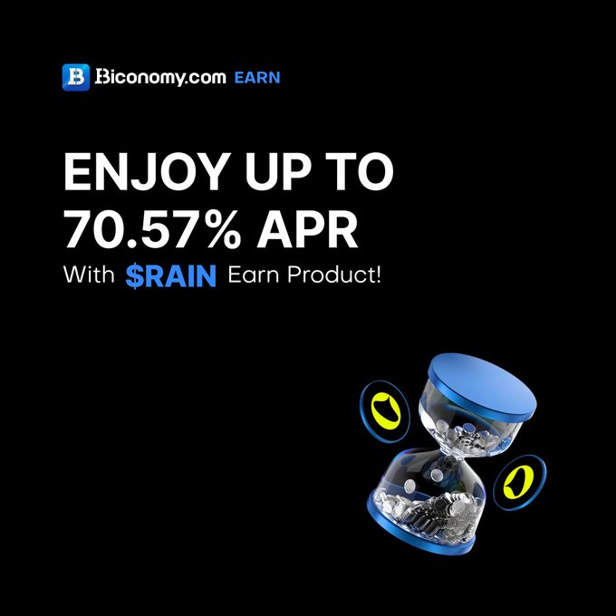 A black promotional graphic for Biconomy.com Earn advertises up to 70.57% APR on the $RAIN Earn Product, featuring the Biconomy logo alongside an hourglass illustration filled with coins and bordered by yellow circular accents.

The image visually reinforces the post's message about $RAIN Earn being live on Biconomy, using the hourglass imagery to symbolize time-based yield accrual and the limited earning opportunity highlighted in the accompanying text.
