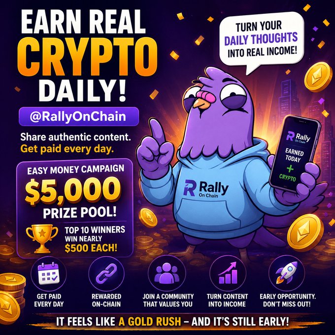 The image features an advertisement promoting a cryptocurrency daily. The main focus of the advertisement is a cartoon bird wearing a blue hoodie holding up a cell phone with a Bitcoin symbol, suggesting that the bird is involved in cryptocurrency trading or promotion. The text on the image includes phrases such as "Earning real crypto daily" and "Turn your daily thoughts into real income!", indicating that this campaign encourages users to make money from their ideas by participating in the cryptocurrency market.