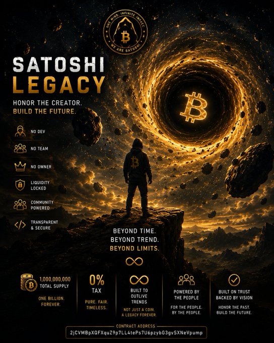 The image features a poster for Satoshi Legacy, which highlights the importance of Bitcoin and its potential impact on the future. The poster includes a man standing on top of a cliff with a large golden circle above him, symbolizing the power and influence of Bitcoin. The text in the poster emphasizes the idea that Bitcoin is not just a currency but also a tool for change and progress.