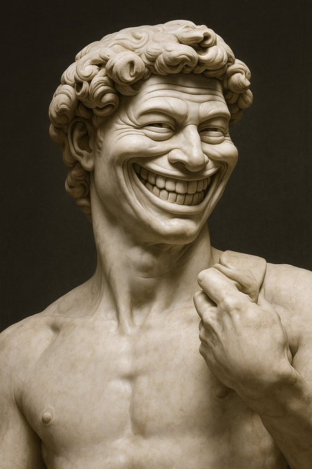 A marble bust sculpture depicting a man with an exaggerated, manic grin and intense expression, his hand raised near his chest. The image visually embodies the "troll team" reference in the post, with the unhinged laughter capturing the chaotic, mischievous spirit associated with the $troll token.