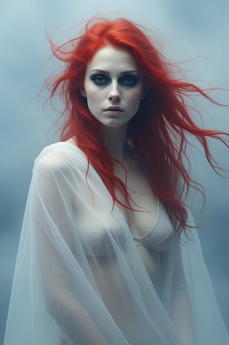 A digital artwork portrait of a pale-skinned woman with flowing bright red hair wearing a sheer white garment against a misty blue background.
