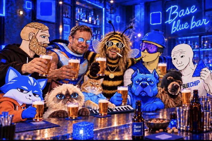 A vibrant bar scene titled "Base blue bar" featuring a mix of real people and cartoon characters—including a dog, cat, bee, and blue creatures—drinking beer together at a neon-lit counter.