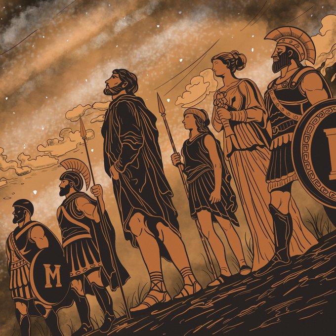 A stylized illustration with a sepia tone depicting ancient Greek warriors, women, and a central figure in a dark cloak standing on a rocky hillside against a starry sky.