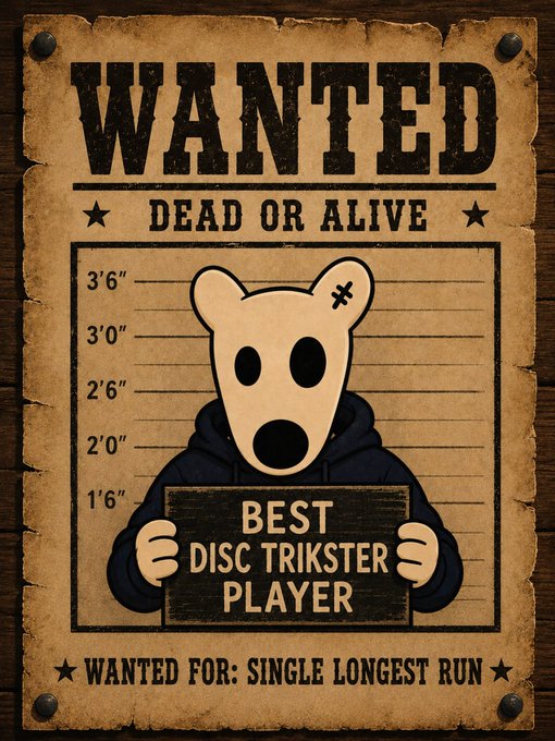 The image features a cartoon or poster with a brown paper surface, featuring a white dog holding a sign that reads "Best Disc Trickster Player". In addition to this, there are some text elements such as "Wanted Dead or Alive", indicating that someone might be seeking information about the owner of the dog. The main content of the post is related to the disc trickster player, with an emphasis on the recent tournament taking place and the need for a player in order to participate.