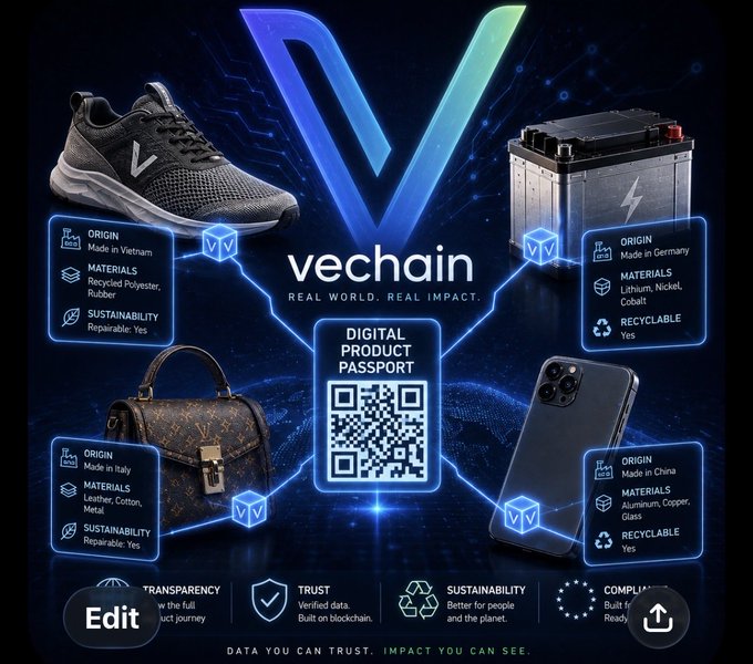 A VeChain promotional graphic showcasing a Digital Product Passport with QR code, featuring a shoe (Made in Vietnam), car battery (Made in Germany), Louis Vuitton bag (Made in Italy), and iPhone (Made in China) with sustainability details for each.