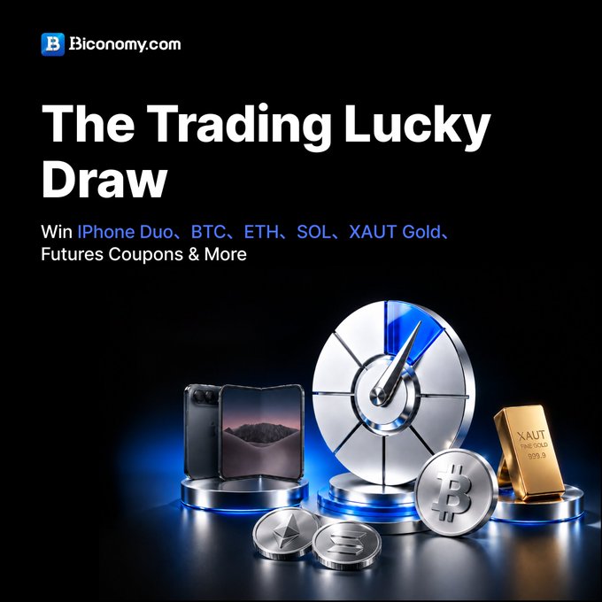 Biconomy.com advertisement for 'The Trading Lucky Draw' featuring prizes including iPhone Duo, BTC, ETH, SOL, and XAUT Gold, displayed with 3D renders of crypto coins and an iPhone.