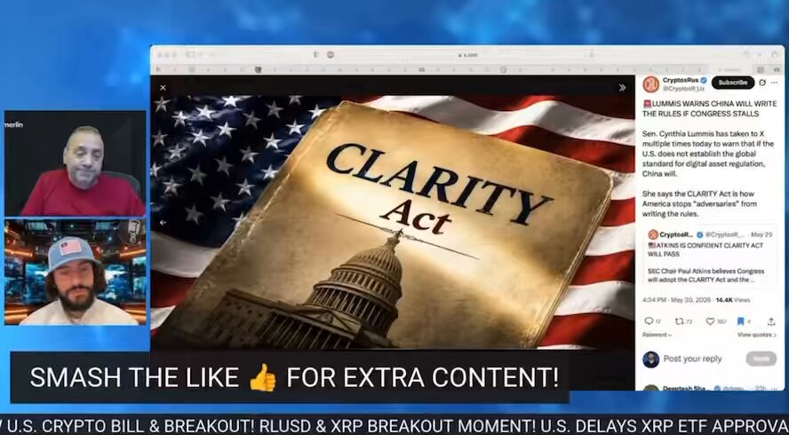 The image shows a computer screen with an advertisement for Ripple, which promotes the clarity act as a means of improving transparency in financial transactions. The text "$XRP" and "CLARITY ACT UNLOCKS UTILITY!" are visible on the screen, indicating that Ripple is offering this service to help people understand their finances better.