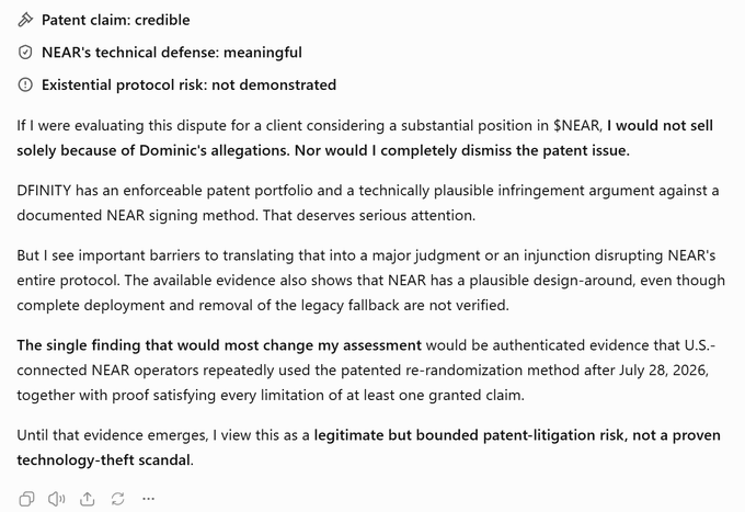 A text screenshot evaluates patent and protocol risks involving $NEAR and DFinity, stating that the issue is a "legitimate but bounded patent-litigation risk" rather than a proven technology-theft scandal.