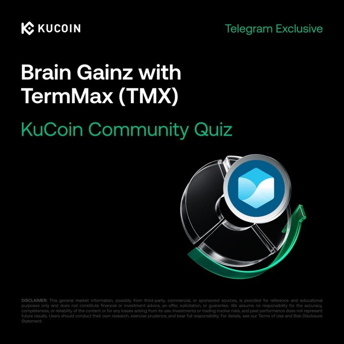 The image is a KuCoin promotional graphic titled "Brain Gainz with TermMax (TMX) — KuCoin Community Quiz," labeled as a "Telegram Exclusive" event, featuring a stylized magnifying glass icon over a black background to complement the post's announcement of a live crypto quiz scheduled for September 11, 2026, at 10:00 AM (UTC) in the KuCoin Exchange Main Telegram Group.