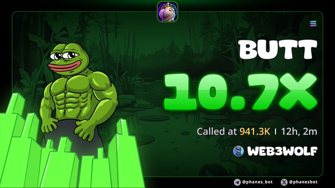 A crypto gambling result screen shows a muscular Pepe frog with the text 'BUTT 10.7X Called at 941.3K | 12h, 2m' by WEB3WOLF, with handles @phanes_bot on Telegram and X.