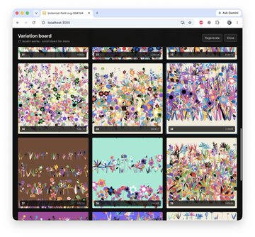 A screenshot of a 'Variation board' interface displaying multiple colorful floral and nature-themed pattern designs in a grid layout.