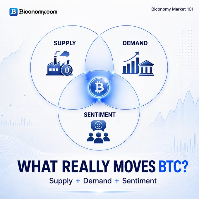 An infographic from Biconomy.com titled 'WHAT REALLY MOVES BTC?' displays a Venn diagram showing how Supply, Demand, and Sentiment intersect at a central Bitcoin logo.