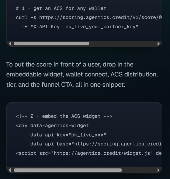 A technical guide showing code snippets for retrieving an Agentics Credit Score (ACS) using curl commands and embedding the ACS widget in HTML.