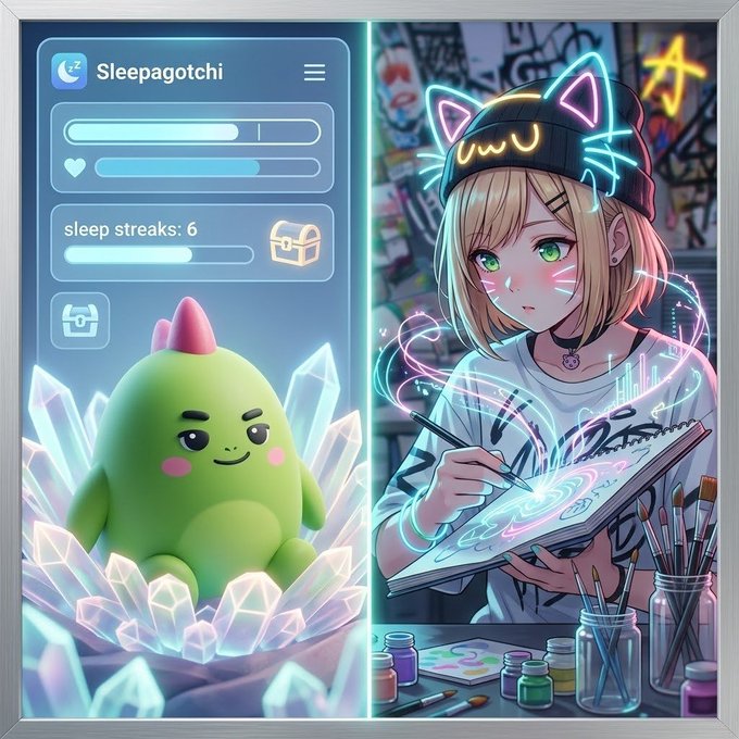 A split-screen illustration showing a 'Sleepagotchi' app interface with a green dinosaur mascot on the left, and an anime-style cat-eared girl drawing on the right.