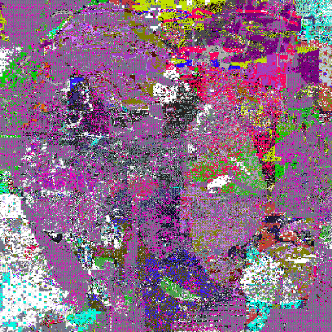 The image features a large, colorful abstract painting with various shades of purple, pink, green, white, black, and gray. The painting appears to be a digital art piece or an online image that has been edited to resemble a face. The background is a mix of purple and pink colors, creating a visually striking effect. The artist's signature "OBJKT#881093" can also be seen in the image.