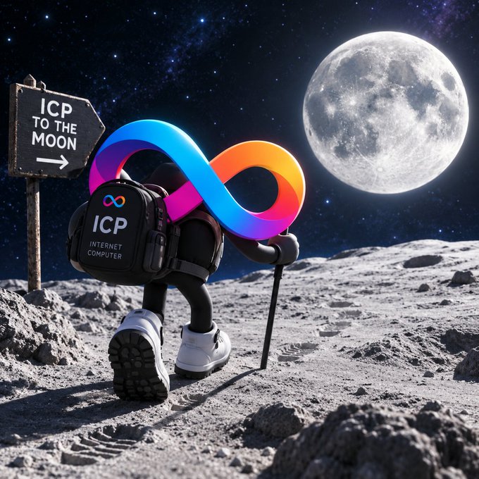 A 3D-rendered astronaut on the moon carrying a backpack labeled 'ICP INTERNET COMPUTER', with a colorful infinity symbol and a sign reading 'ICP TO THE MOON'.